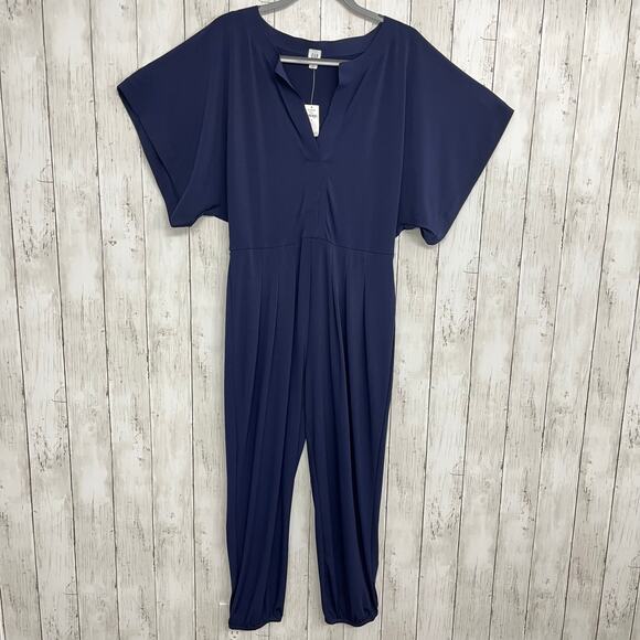 Gap Navy Blue Kimono Short Sleeve Split V-Neck One Piece Mid Calf Jumpsuit SM - Picture 1 of 9
